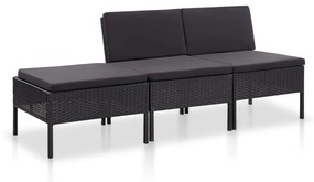 48957 vidaXL Set mobilier de grădină cu perne, 3 piese, negru, poliratan