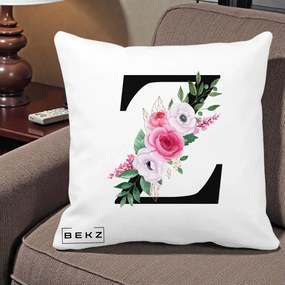 Cadou Personalizat - Perna Personalizata Monograma Florala Litera Z cu Buchet, 40x40 cm, Alba Mata, Husa Detasabila, Perna Inclusa, BEKZ®