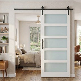 HOMCOM Ușă Glisantă 91.4x213.4cm cu Kit, Panouri din Sticlă, Aspect Lemn Alb | Aosom Romania