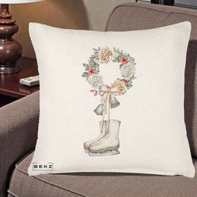 Perna Decorativa Patine cu Coroana Florala de Craciun, 40x40 cm, Crem Reliefat, Husa Detasabila, Perna Inclusa, BEKZ®