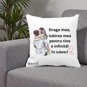 Cadou pentru Iubita - Perna Personalizata Draga Mea Iubirea Mea Infinita Te Iubesc cu Cuplu Acuarela, 40x40 cm, Alba Mata, Husa Detasabila, Perna Inclusa, BEKZ®