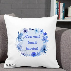 Cadou pentru Bunica - Perna Personalizata Cea Mai Buna Bunica Coronita Flori Albastre Acuarela, 40x40 cm, Alba Mata, Husa Detasabila, Perna Inclusa, BEKZ®