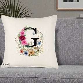 Cadou Personalizat - Perna Personalizata Monogram Litera G cu Flori Acuarela, 40x40 cm, Crem Reliefat, Husa Detasabila, Perna Inclusa, BEKZ®