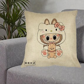 Perna Personalizata Labubu x Hello Kitty, 40x40 cm, Crem, Husa Detasabila, Perna Inclusa, BEKZ®