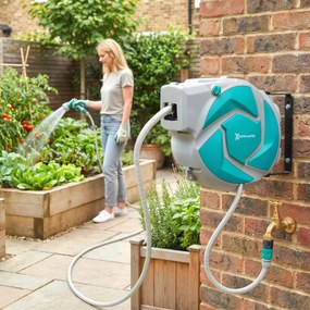 DURHAND Furtun retractabil de perete cu tambur 10+1 m, retractare automată și cap cu 7 funcții, rotativ 180° | Aosom Romania