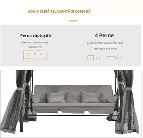 Outsunny Balansoar 3 Posti si Sezlong cu Copertina tip Foisor cu Plasa Impotriva Tantarilor si Perne, Gri Inchis 256x172x248cm