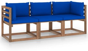 Canapea de gradina paleti, 3 locuri, perne albastre, lemn pin Albastru, Canapea cu 3 locuri, 1