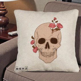 Perna Decorativa Craniu Floral Gothic, 40x40 cm, Bej Canapea, Husa Detasabila, Perna Inclusa, BEKZ®