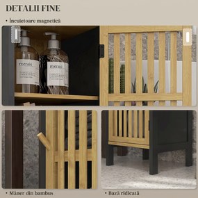 HOMCOM Dulap de Depozitare Îngust, Dulap de Baie Mic din Bambus cu Compartiment Deschis și Raft Reglabil, 32x30x90.5 cm, Negru | Aosom Romania
