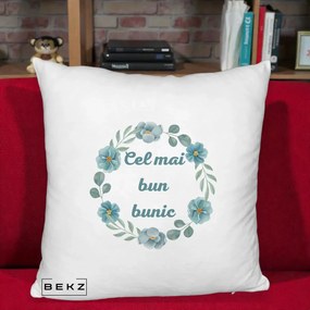 Cadou pentru Bunic - Perna Personalizata Cel Mai Bun Bunic Coronita Flori Albastre Teal, 40x40 cm, Alb Pufos, Husa Detasabila, Perna Inclusa, BEKZ®