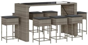 3261514 vidaXL Set mobilier bar de grădină, cu perne, 9 piese, gri, poliratan