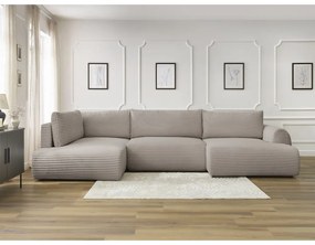 Colțar gri deschis/bej extensibil/cu spațiu de depozitare cu tapițerie din catifea reiată (cu colț pe partea stângă/în formă de "U") Lucien – Bobochic Paris