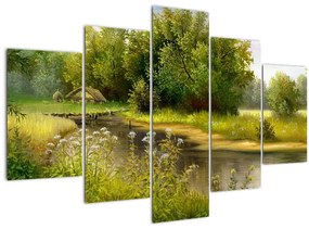 Tablou - Râu lângă pădure, pictură în ulei (150x105 cm)