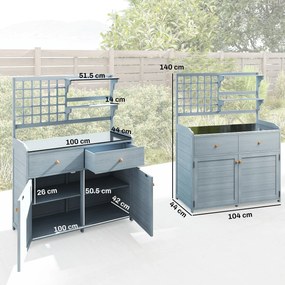 Outsunny Masă de plantat cu dulap inferior pentru exterior, dulap de grădină din lemn cu blat galvanizat, 2 sertare 104x44x140 cm Gri deschis | Aosom Romania