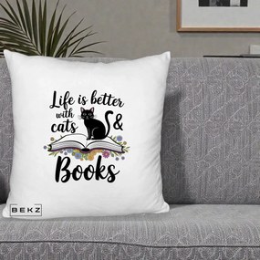 Perna Personalizata Life is Better Cats and Books, 40x40 cm, Alb Pufos, Husa Detasabila, Perna Inclusa, BEKZ®