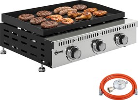 Outsunny Plancha pe gaz 9 kW 3 arzătoare din oțel inoxidabil, suprafață de gătit 56,5 x 33 cm, tavă de colectare a grăsimilor, negru | Aosom Romania