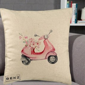 Perna Decorativa Scuter Roz cu Flori Acuarela, 40x40 cm, Bej, Husa Detasabila, Perna Inclusa, BEKZ®