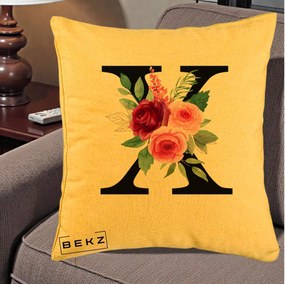 Cadou Personalizat - Perna Personalizata Monograma Florala Litera X cu Buchet, 40x40 cm, Galben, Husa Detasabila, Perna Inclusa, BEKZ®