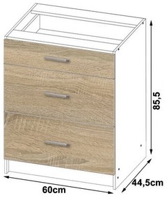Supermobel Corp inferior bucătărie cu blat LIMA S60 3SZ, 60x85,5x46, sonoma/alb