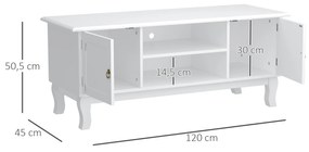 Suport pentru TV cu Dulap din MDF si lemn de Pin Stil Clasic, Alb Mat, 120x45x50cm HOMCOM | Aosom RO