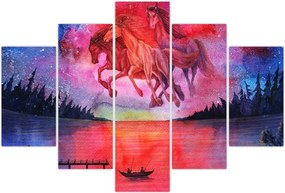 Tablou - Apariția cailor spațiali peste lac, acuarelă (150x105 cm)