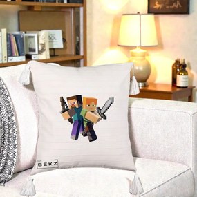 Perna Personalizata Minecraft Steve si Alex, 40x40 cm, Bej cu Franjuri, Husa Detasabila, Perna Inclusa, BEKZ®