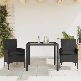 3278543 vidaXL Set mobilier de grădină cu perne 3 piese negru poliratan&sticlă