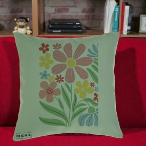 Perna Decorativa Flori Grafice Roz Pastel, 40x40 cm, Verde, Husa Detasabila, Perna Inclusa, BEKZ®