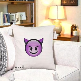 Perna Decorativa Emoji Diavol Mov, 40x40 cm, Bej cu Franjuri, Husa Detasabila, Perna Inclusa, BEKZ®