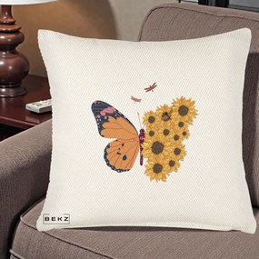 Perna Decorativa Fluture Floarea-Soarelui, 40x40 cm, Crem Reliefat, Husa Detasabila, Perna Inclusa, BEKZ®