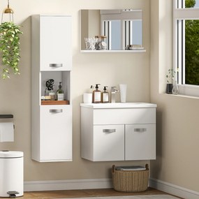 kleankin Set Mobilier Baie 4 Piese cu Lavoar din Ceramică, Dulap de Baie, Coloană de Baie și Oglindă, Alb | Aosom Romania