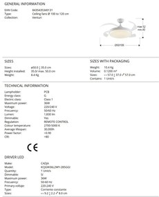 Lustra LED cu Ventilator si telecomanda, lame retractabile Venturi alb
