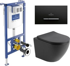 Set rezervor WC cu cadru incastrat Villeroy&Boch ViConnect si clapeta de actionare ViConnect 300S negru mat plus vas WC Rune Ivaldi cu capac softclose
