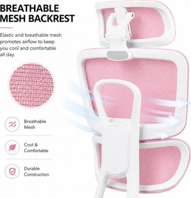 Scaun Ergonomic Premium cu Suport pentru Picioare, Reclinare 145°, Tetieră Reglabilă, Cotiere 3D, Suport Lombar Elastic și Șezut cu adâncime reglabilă, Roz