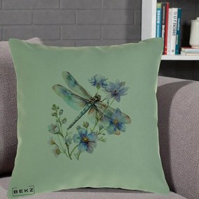 Perna Decorativa Libelula Acuarela Flori Albastre, 40x40 cm, Verde, Husa Detasabila, Perna Inclusa, BEKZ®