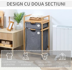 HOMCOM Coș de Rufe Elegant din Bambus cu 2 Saci Detașabili și Raft Deschis Design Compact pentru Baie sau Dormitor | Aosom Romania