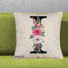 Cadou Personalizat - Perna Personalizata Monograma Florala Litera I, 40x40 cm, Bej Canapea, Husa Detasabila, Perna Inclusa, BEKZ®