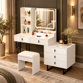 Set SELENE – Masă de Toaletă pentru Machiaj, Extensibilă 90–130 cm, Oglinda Iluminata LED, 5 sertare, Rafturi, priză integrată cu USB, Scaun, Alb/Negru