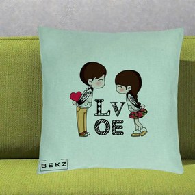 Cadou Romantic - Perna Personalizata Cuplu Kawaii LOVE, 40x40 cm, Verde Menta, Husa Detasabila, Perna Inclusa, BEKZ®