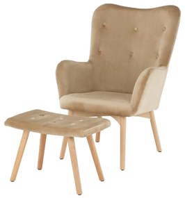 Fotoliu cu taburet, material de catifea bej/fag, LAGER NEW
