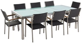 Set de masă pentru grădină Grosso (negru) (blat din sticlă 210x100 cm) (scaune din ratan). 1011751