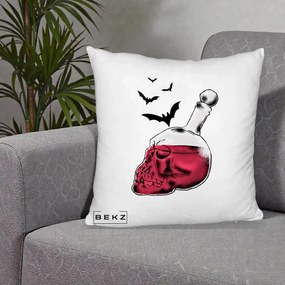 Perna Decorativa Halloween Craniu-Sticla cu Lilieci, 40x40 cm, Alb Pufos, Husa Detasabila, Perna Inclusa, BEKZ®