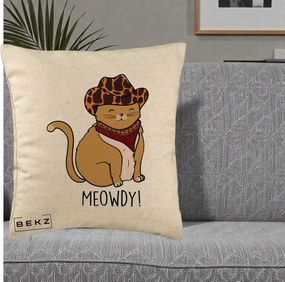 Perna Decorativa Pisica Cowboy Meowdy, 40x40 cm, Bej, Husa Detasabila, Perna Inclusa, BEKZ®
