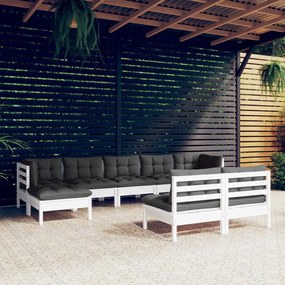 3097104 vidaXL Set mobilier de grădină cu perne, 9 piese, alb, lemn de pin