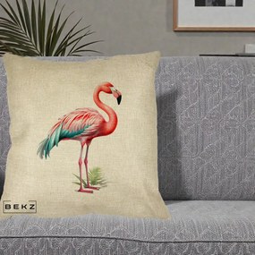 Perna Decorativa Flamingo Roz cu Pene Teal, 40x40 cm, Crem, Husa Detasabila, Perna Inclusa, BEKZ®