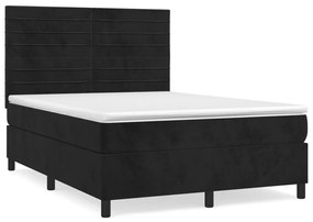 Pat box spring cu saltea, negru, 140x190 cm, catifea Negru, 140 x 190 cm, Benzi orizontale