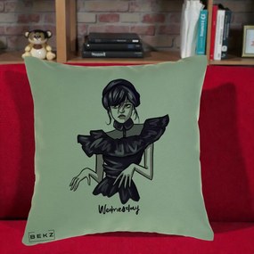 Perna Personalizata Wednesday Addams Dans Gotic, 40x40 cm, Verde, Husa Detasabila, Perna Inclusa, BEKZ®