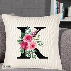 Cadou Personalizat - Perna Personalizata Monograma Florala Litera K, 40x40 cm, Crem Reliefat, Husa Detasabila, Perna Inclusa, BEKZ®