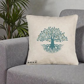 Perna Decorativa Copacul Vietii Teal cu Radacini, 40x40 cm, Bej Canapea, Husa Detasabila, Perna Inclusa, BEKZ®