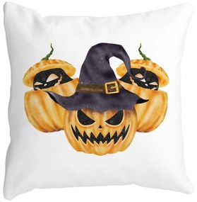 Perna Decorativa cu motiv Dovleac de Halloween 3, 40x40 cm, Alba, Mata, Husa Detasabila, Burduf